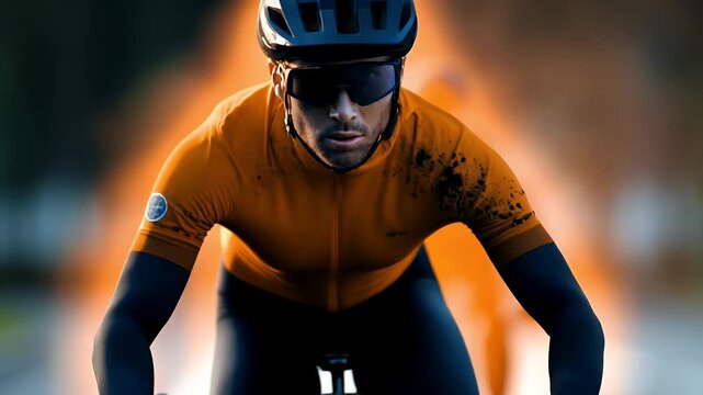 Create a striking double exposure of a man in cycling gear with an MTB rider image inside