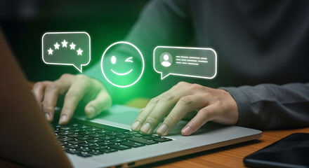 Person types on a laptop keyboard with glowing review stars, a winking smiley, and a customer service chat icon overlaid to illustrate positive feedback and customer experience.