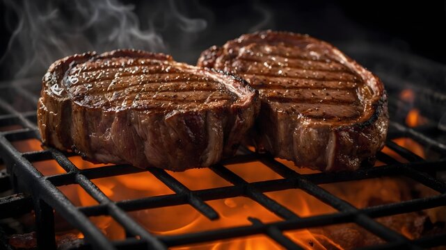 Dos filetes a la parrilla cocin&aacute;ndose sobre brasas encendidas con humo y textura jugosa