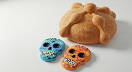 Traditional Pan de Muerto bread and colorful sugar skulls