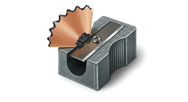 Close up image of a pencil sharpener with shavings against a white background