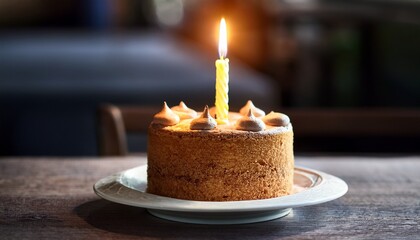 Birthday Cake With Candle Lit On Plate Indoors