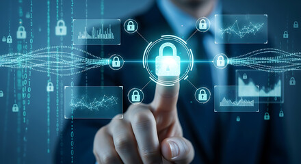 Man touches digital padlock hologram surrounded by charts and binary code, representing cybersecurity and data protection.