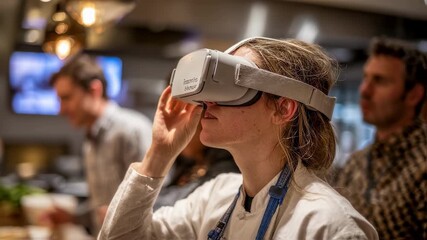 Participant adjusts VR goggles attentively while exploring a virtual workshop kitchen with surrounding details artistically blurred to highlight the immersive cooking experience.