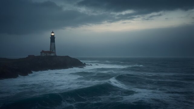 Faro iluminado al anochecer frente a un mar embravecido bajo cielo nublado y atm&oacute;sfera dram&aacute;tica