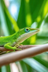 Fototapeta premium Vibrant green lizard basking in sunlight
