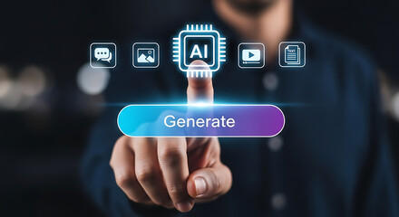 Person touching generate button with ai and media icons, conceptual of artificial intelligence media content creation.
