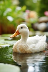 White duck swimming in a serene pond