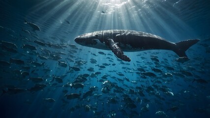 Ballena nadando entre peces en el océano iluminado por rayos de sol bajo el agua