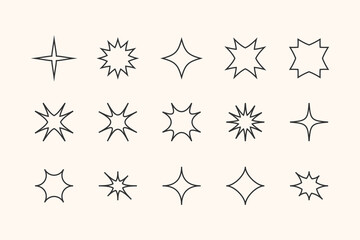 Sparkles and stars set, glowing lights, outline decorative twinkle and bursts forms, abstract shining flash symbols, y2k style basic shapes geometric graphic elements