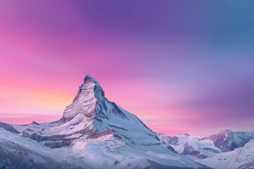Snowy alpine mountain peak glowing at twilight with pink purple sunset sky and majestic frozen landscape horizon, Generative AI