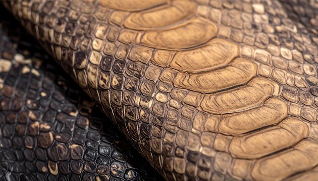 A macro shot showcases sections of textured, brown reptile skin. The scales interlock, creating a pattern of light & shadow. Details are sharp - Powered by Adobe