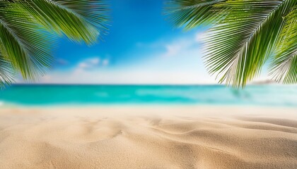 Beige Sand And Palm Tree Leaf With Blurred Blue Sea And Sky Background