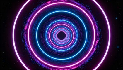 Abstract digital art showing a tunnel of concentric glowing neon circles, creating a vibrant, futuristic visual.