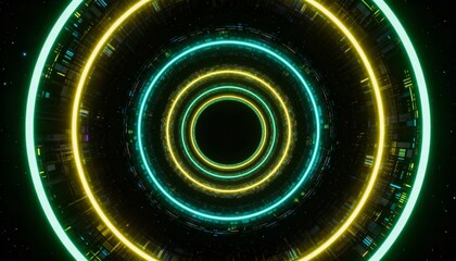 Abstract digital illustration of concentric glowing neon circles, forming a tunnel-like structure.