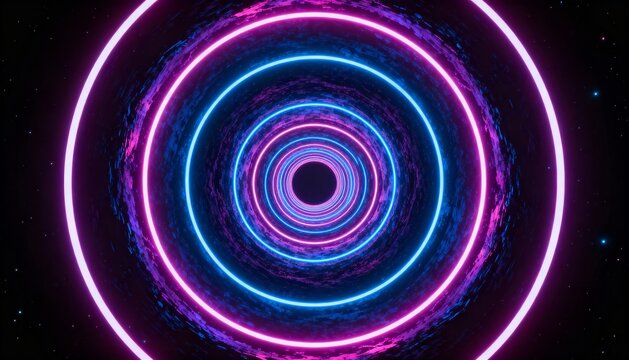 Abstract digital art showing a tunnel of concentric glowing neon circles, creating a vibrant, futuristic visual.