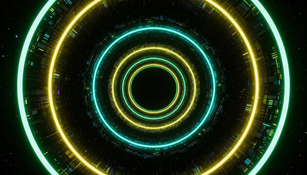 Abstract digital illustration of concentric glowing neon circles, forming a tunnel-like structure.