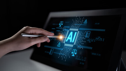 AI circuit microchip with glowing blue lines, surrounded by legal scales, warning symbols, data...