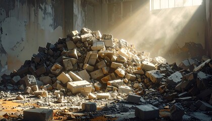 A vast pile of rubble fills an abandoned, dilapidated interior. Sunbeams pierce through a high window, casting a warm glow on the debris