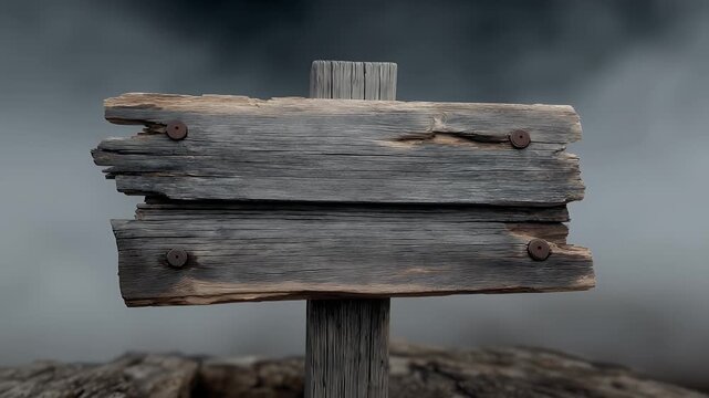 A weathered wooden picket sign with cracked boards and splintered edges stands on a crooked post, surrounded by eerie fog