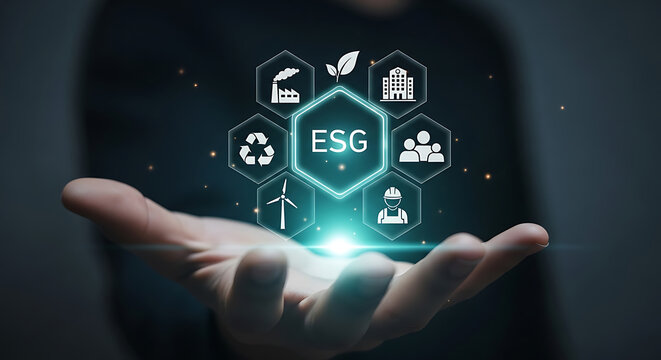 Person holding hand with glowing esg icons representing environmental social governance business strategy, corporate responsibility. - Powered by Adobe