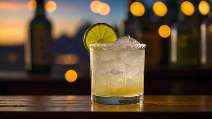 Cóctel con lima y hielo sobre barra de madera iluminada al atardecer