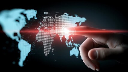 A young man interacts with a glowing hologram of a global network and data flow in a futuristic digital world - Powered by Adobe
