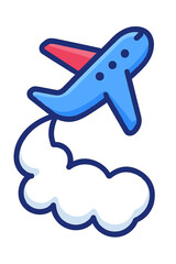 Fototapeta premium Minimalist vector illustration of a vibrant blue airplane with a prominent red tail flying dynamically upwards, leaving a stylized white cloud trail against a deep, dark background, accented by a neon