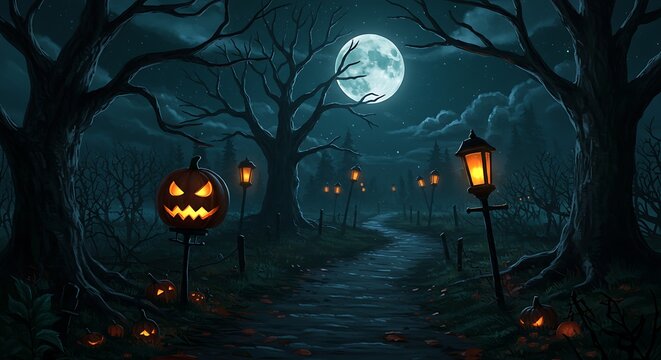 Spooky halloween night scene with lit pumpkin lantern and full moon