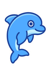 Fototapeta premium Cute blue cartoon dolphin icon with a vibrant glowing outline, representing a cheerful and friendly marine animal. Ideal for children's educational content, ocean-themed apps, playful digital designs,