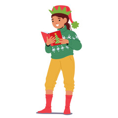 Cute little school girl child cartoon character wearing Christmas festive clothes reading book