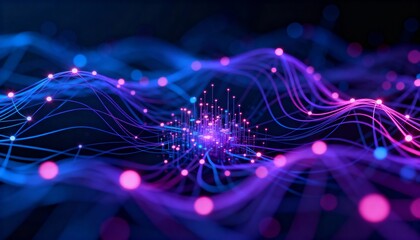 Abstract digital rendering of interconnected data streams, glowing with vibrant blue and purple lights.