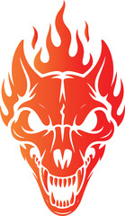 Aggressive wolf skull with flames in a gradient of red and orange on a white background head fire