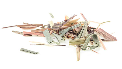 Dry sprigs of natural lemongrass isolated on a white background. Chopped dried organic lemongrass.