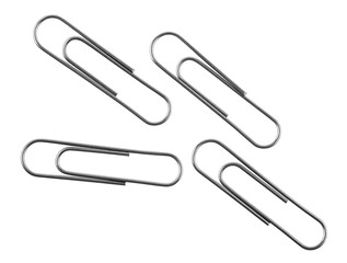 Group of vintage silver paper clips isolated on a white background, top view.