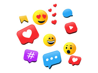 Obraz na płótnie Canvas social media 3d icons, social media background , 3d heart like speech bubble icon, smiley face emoji, wow emoticon, heart eyes emoji - chat message 3d vector icon - communication, messaging background