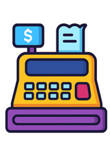 Vibrant Cartoon Cash Register POS System Illustration with Dollar Sign Display and Receipt for Retail, Business, and Finance Concepts. Modern Digital Art Icon for Transactions, Shopping & E-commerce!