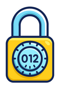 Vibrant yellow & blue digital padlock icon, '012' on combination dial, glowing blue on dark. Modern security symbol for robust data protection, secure access, password management, encryption, cybersec