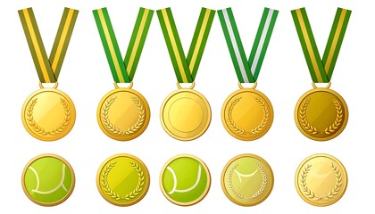 A vector graphic depicts various golden medals with green and yellow ribbons, some adorned with laurel wreaths, and tennis ball-themed gold medals below