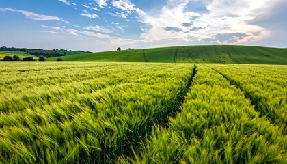 A vast, vibrant green wheat field under a partly cloudy sky. Tire tracks lead to a gentle rolling hill, trees dot the horizon