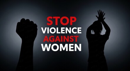 Strong fist and silhouette of a woman raising hands in protest. Stop violence against women. Powerful international call for human rights and gender equality awareness.