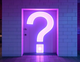 Neon question mark door in brick wall