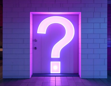Neon question mark door in brick wall