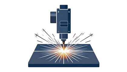 A vector illustration depicts a laser cutting machine in operation, sparks flying, focused on a flat metal surface