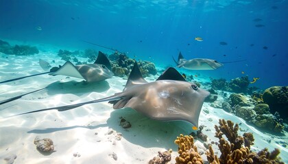 Stingrays glide through a vibrant coral reef