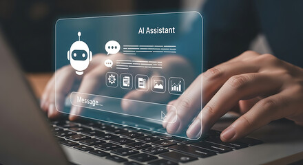 Person typing on a laptop interacting with an ai assistant chatbot interface.