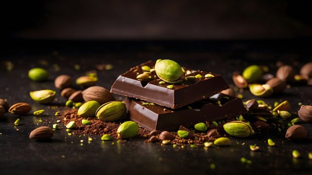 Chocolate negro con pistachos y almendras sobre fondo oscuro
