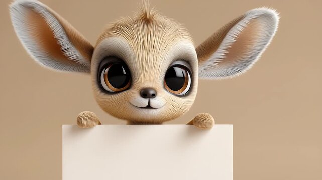 3D cartoon baby gazelle with a blank banner on a beige background in high-resolution photography