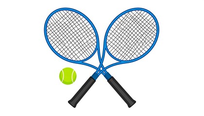 A vector illustration depicts two blue tennis rackets crossed, with a yellow tennis ball resting beside them, all on white