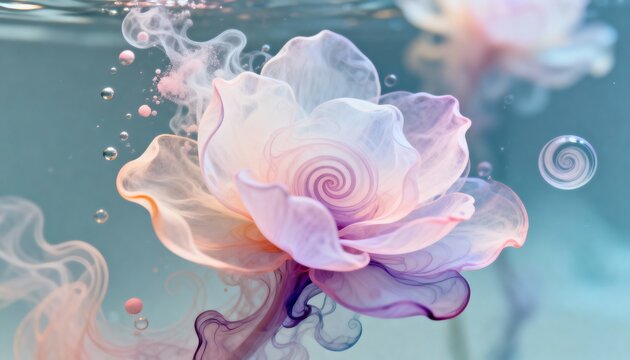 A delicate, ethereal flower submerged in water, surrounded by swirling pastel hues.